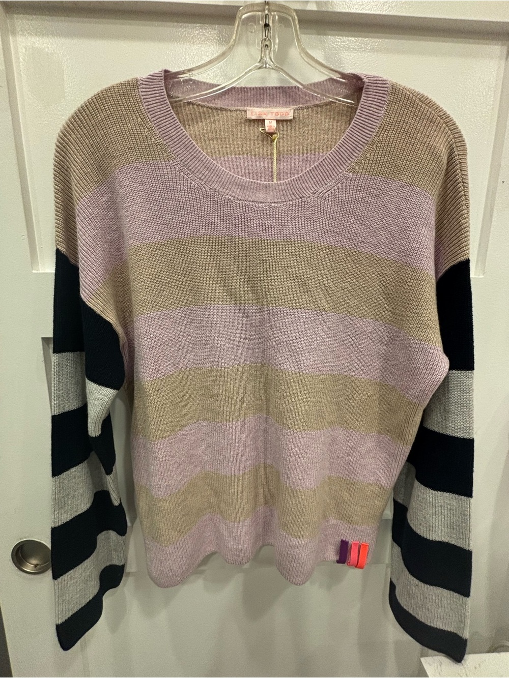 Lisa Todd Striped Crewneck Sweater in Lavender, Tan and Black